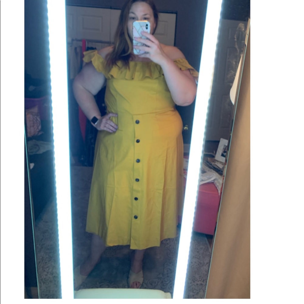 Eloquii Yellow Ruffled Off the Shoulder Linen Dress